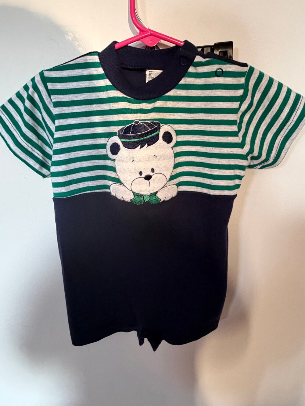 Vintage Healthtex Boys 18M Teddy Bear Applique Striped Romper 90s